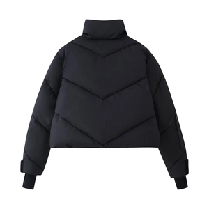 Women's matte black cropped puffer jacket with stand collar and V-quilted pattern back view