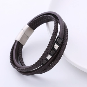 Men's multi-layer dark brown braided leather bracelet with stainless steel magnetic clasp