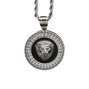 Hip-hop silver lion head pendant necklace with clear zircon stones and Greek key border