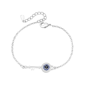 Silver Evil Eye and Key charm bracelet with blue cubic zirconia stones and adjustable chain