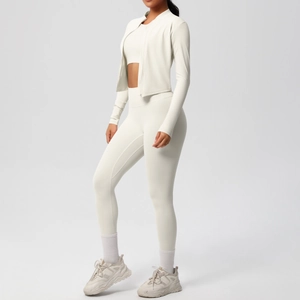 Detail view of a 3-piece breathable yoga set featuring a zip jacket and high-waist leggings