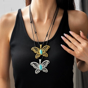 Butterfly Pendant Necklace Hollow Filigree Turquoise Stone Adjustable Wax Rope Ethnic Vintage Sweater Chain For Women