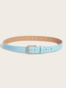 Detail of light blue PU leather belt featuring heart-shaped cutouts and rhinestone buckle