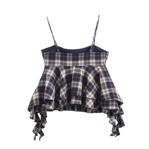 Women's plaid camisole top with tiered ruffles and slim straps in navy blue and white