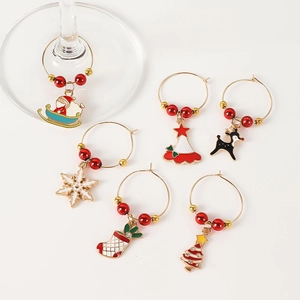 Set of 6 Christmas wine glass charms with festive alloy patterns and colorful beads