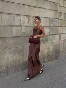 Satin Spaghetti Strap Maxi Dress Tie Shoulder Backless Solid Color Sexy Elegant Sleeveless Evening Party Long Dress