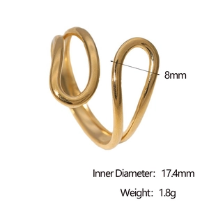Detailed view of golden wave ring showing 8mm width and 17.4mm inner diameter dimensions