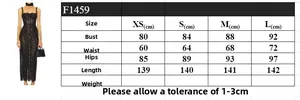 Size chart for black lace evening dress listing measurements for XS to L sizes
