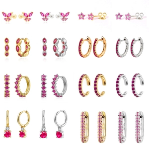 Luxurious geometric rose red zircon earring set in gold and silver plating S925 silver