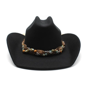 Classic black felt cowboy hat with ethnic beaded band and upturned wide brim for unisex