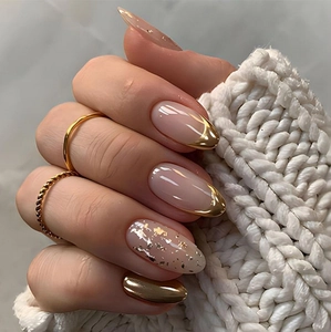 Almond Shape Press On Nails Elegant Nude Pink With Gold Foil Metallic French Tip For Women Professional Style Fake Nails