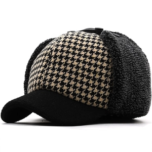 Winter Baseball Cap With Earflaps Plaid Thickened Warm Cotton Faux Fur Lining Outdoor Sport Hat For Men Women