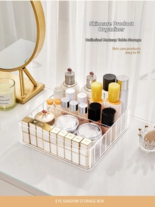 Close-up of clear acrylic vanity organizer with multi-compartment for cosmetics