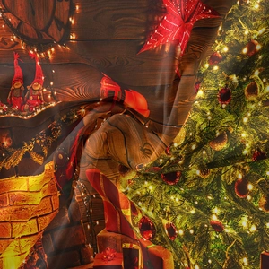 Detail of Christmas tapestry fabric showing digital print texture and soft drape material