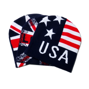 Knitted beanie with US and UK flag patterns, featuring star stripes and USA embroidery