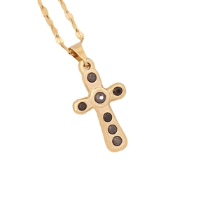Minimalist gold stainless steel cross necklace featuring black round zircon gemstone