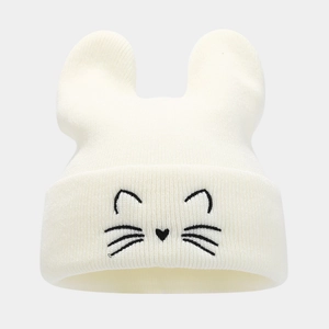 Close-up of white knit beanie featuring cute animal ears and cat face embroidery details