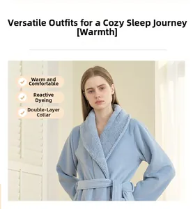 Detailed view of the double-layered lapel design on the thick light blue fleece bathrobe