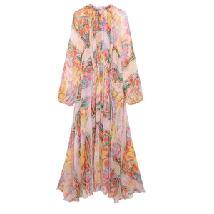 Women's pleated midi dress with colorful abstract print and elegant long sleeves
