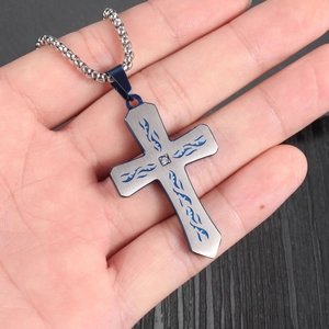 Mens cross necklace in stainless steel with blue flame motif and diamond accent