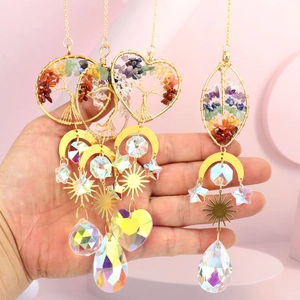 Golden Tree of Life suncatcher with colorful crystals and prism hanging decor