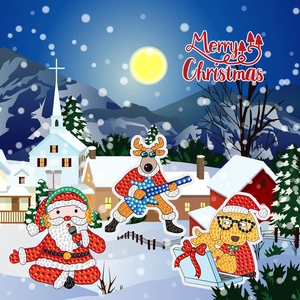 DIY Christmas diamond painting keychains featuring Santa, reindeer and dog motifs