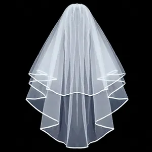 Bridal Wedding Veil Tulle Mesh With Satin Ribbon Edge Tiered Short Length Hair Comb Headpiece Simple Elegant
