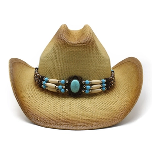Western Cowboy Straw Hat With Turquoise Beaded Band Wide Brim Summer Sun Protection Beach Outdoor Fedora For Men Women