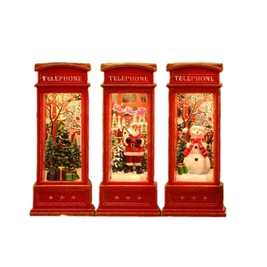 Set of 3 red lighted Christmas telephone booth lanterns with Santa and snowman scenes