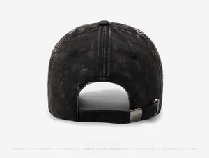 Rear detail of washed cotton baseball cap with adjustable metal buckle and embroidery