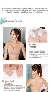 Detailed views of pale pink sports bra with U-neck, cutout back and four-row hooks