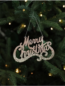 Sparkling Merry Christmas pendant with rose gold glitter on a green pine tree