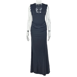 Detailed view of the sleeveless V-neck black maxi dress featuring elegant waist pleats
