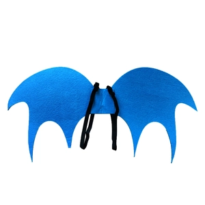 Detail of blue felt bat wings costume with black elastic straps for kids Halloween parties