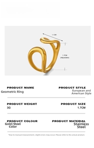Detailed size chart for the teardrop wave stainless steel open ring with metal texture