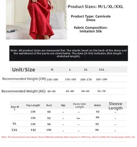 Guide des tailles pour chemise de nuit longue en satin avec mesures M L XL et XXL