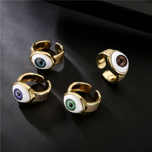 Realistic Evil Eye Ring Copper Gold Plated Zircon Adjustable Open Band Hammered Texture Unique Fashion Jewelry For Women