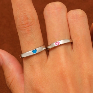 Luminous heart couple rings in silver finish with adjustable open band for men and women