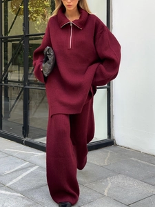 Burgundy oversized knit set with half-zip sweater and wide-leg trousers for casual style