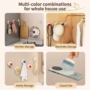 Strong vacuum suction cup hooks set in multiple colors for drill-free home wall organization