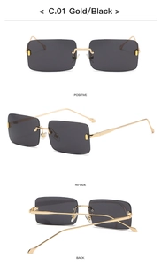 Detailansicht der randlosen Gold-Rechteck-Sonnenbrille mit schwarzen Gläsern und Metallbügeln