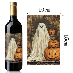 Halloween bottle labels featuring ghost and pumpkin designs, size 10x15cm for party decor