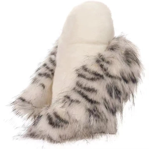Detailed back view of a soft plush snowy owl toy with white and black striped faux fur