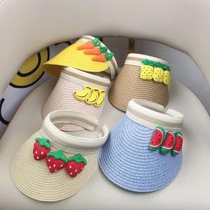 Breathable children straw sun visor hats with colorful 3D fruit patches for summer