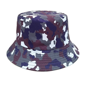Detail of purple camouflage bucket hat with reinforced stitching and wide brim design