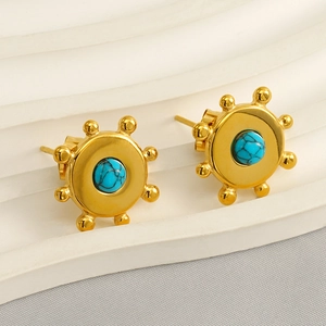 Boucles d'oreilles en acier inoxydable doré avec turquoise bleue naturelle au design soleil