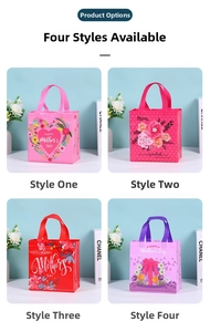 Detail view of Mother's Day non-woven tote bags with floral patterns and heart designs