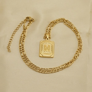 18K gold plated stainless steel Figaro chain necklace with rectangular M letter pendant