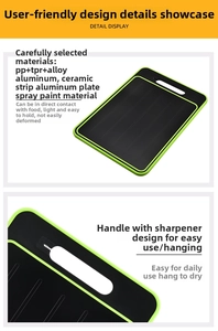 Detail of defrosting cutting board with built-in knife sharpener and hanging handle