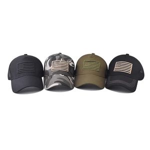 Tactical baseball mesh caps in black, camouflage, and olive with American flag patches